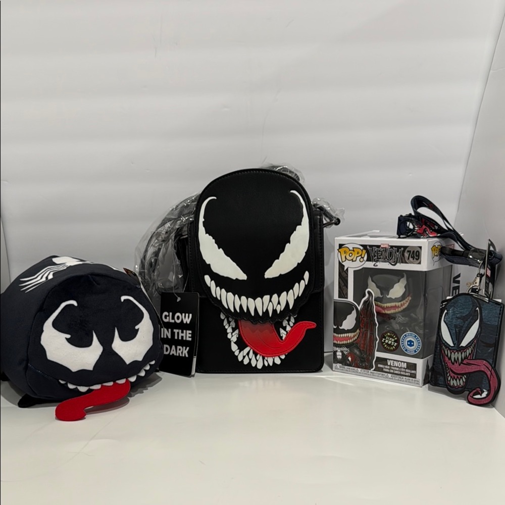 Venom crossbody, Lanyard, Plush and Funko #749 with Limited Glow Chase edition.